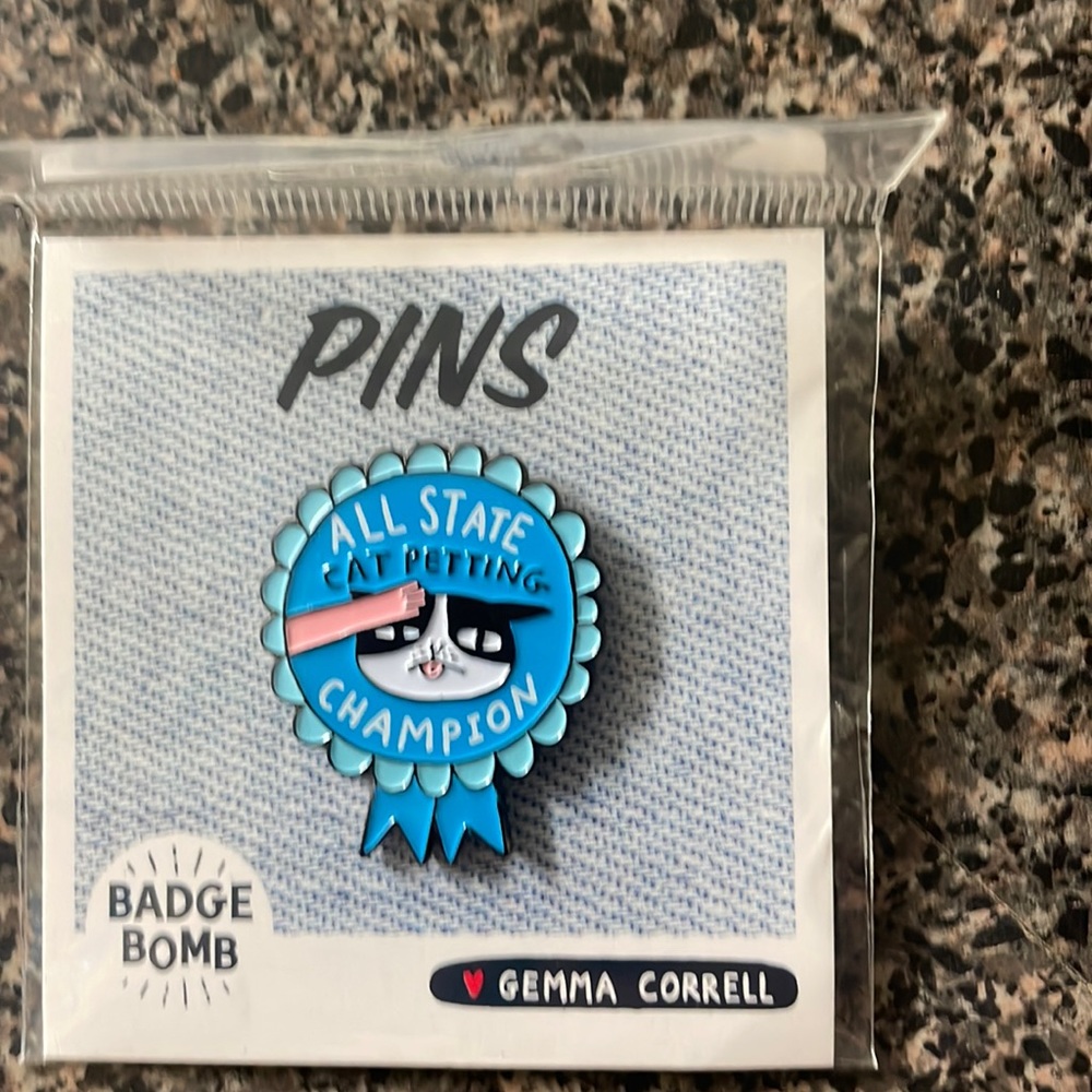 Badge Bomb Pin “All State Cat Petting Champion” by Gemma Cordell